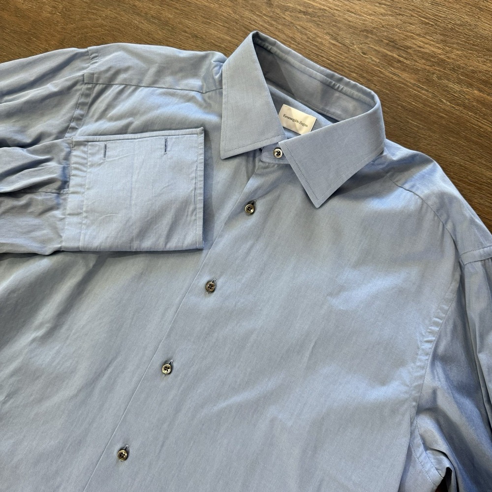 Ermenegildo Zegna Men's Blue Button Up Shirt French Cuff Sz 16.5-42 Designer Lux